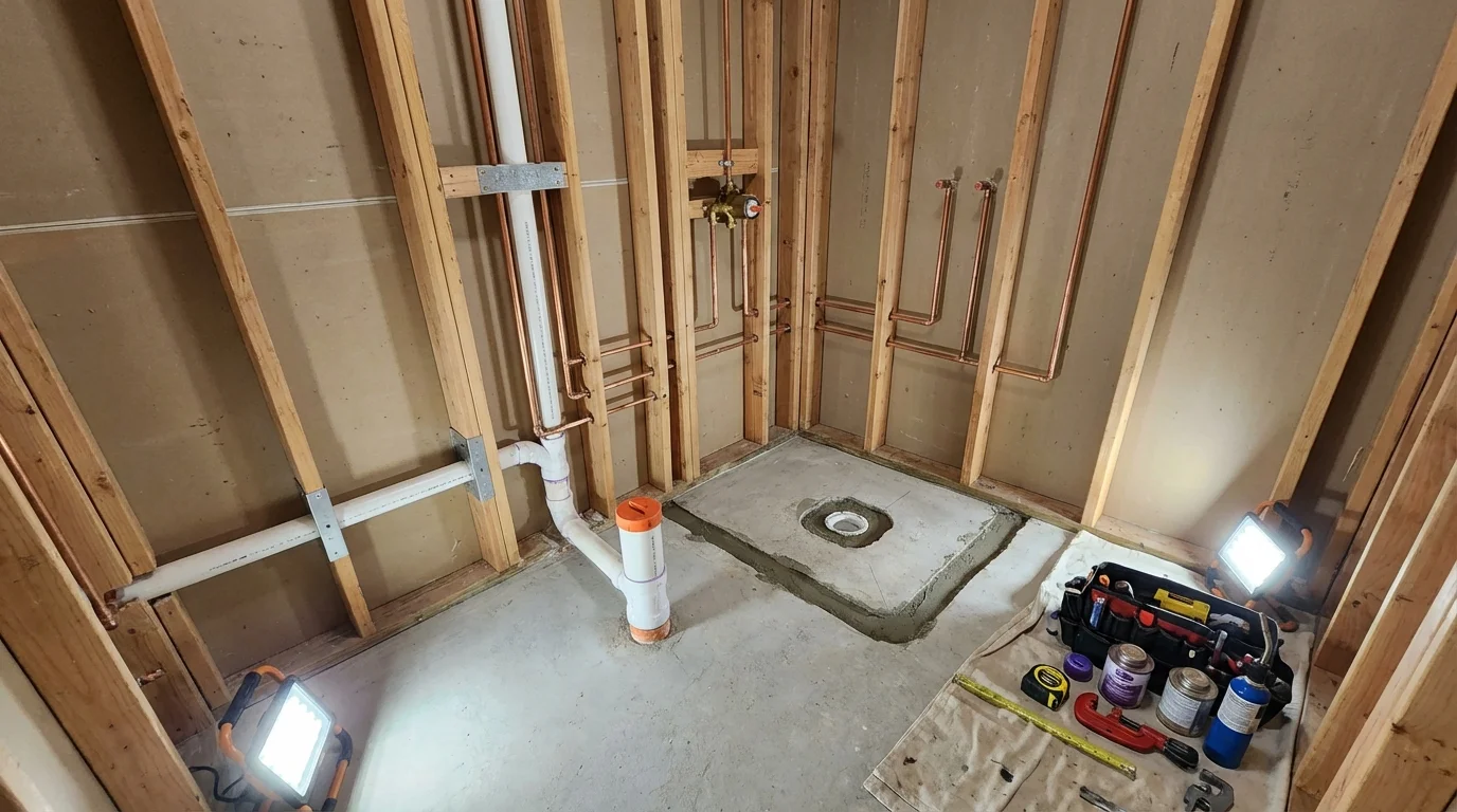 Bathroom rough-in plumbing during remodel by Johns Plumbing LLC in Berkeley