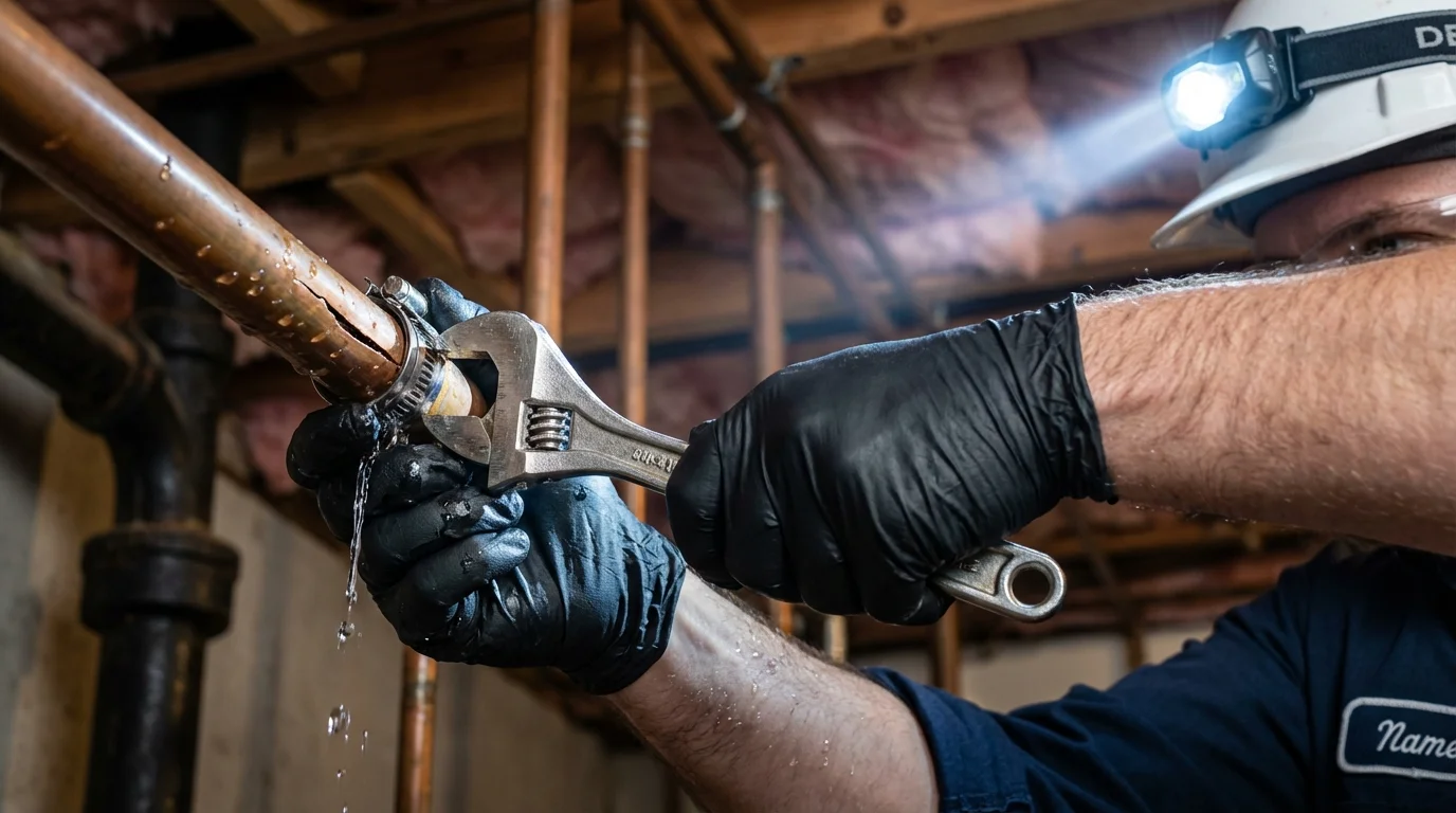 Emergency pipe clamp repair being performed by a Johns Plumbing LLC plumber in Berkeley