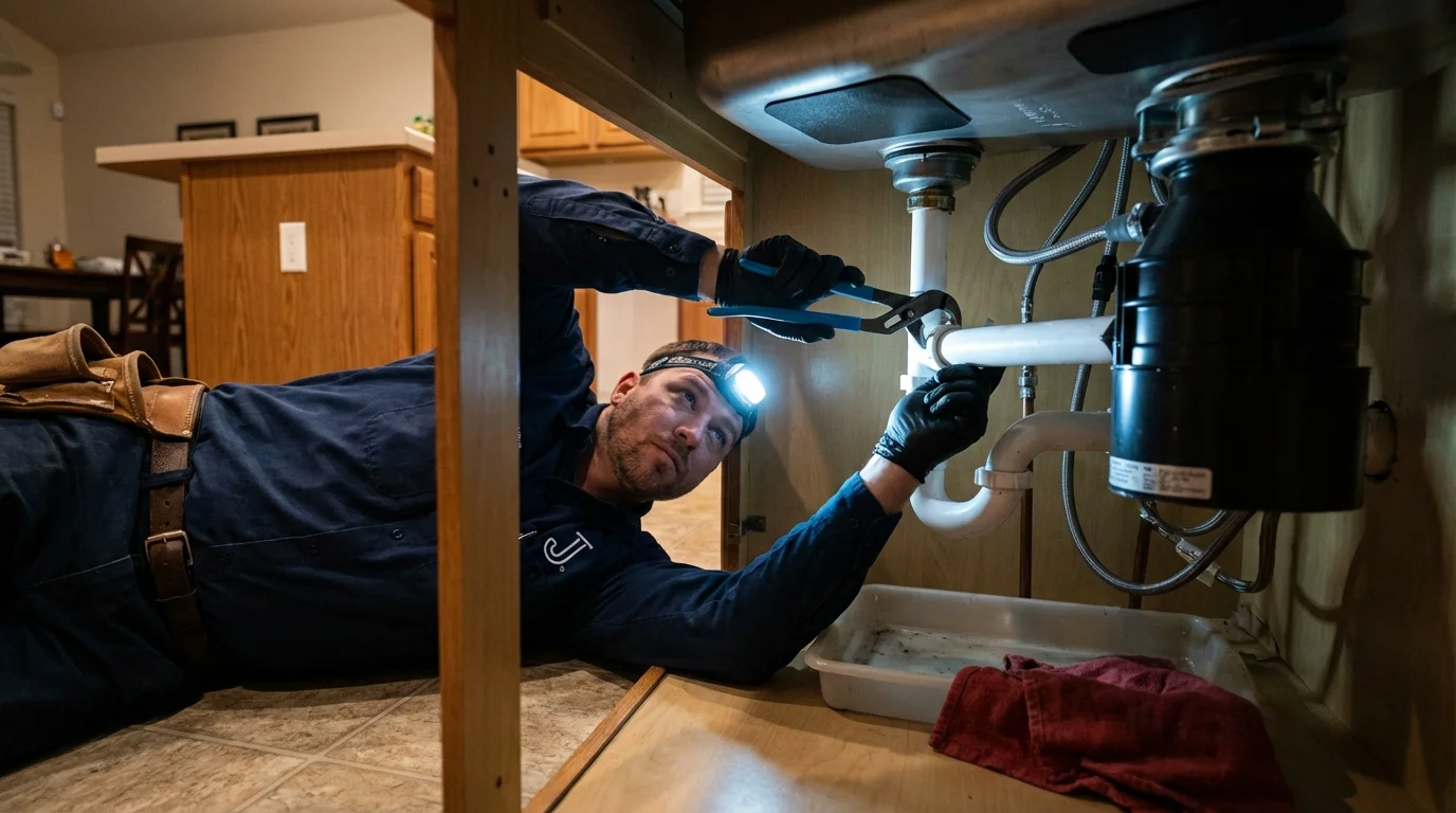 P-trap and supply line connections under a kitchen sink showing a common leak point in Berkeley, CA